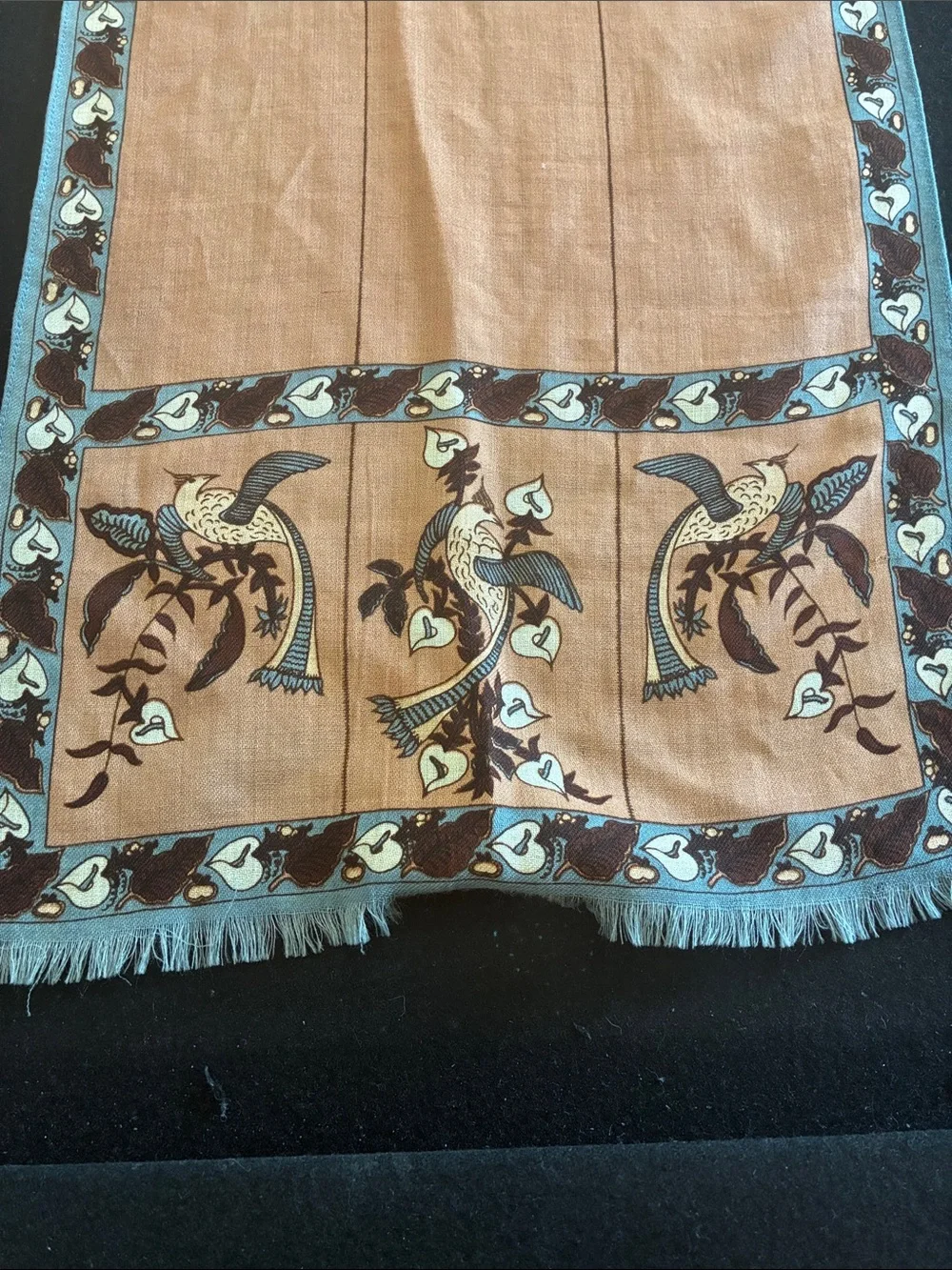 Vintage Long Linen Brown and Blue Bird Motif Scarf